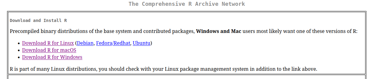 R ohjelmointikielen voi asentaa erinäisille käyttöjärjestelmille CRAN:in sivuilta.