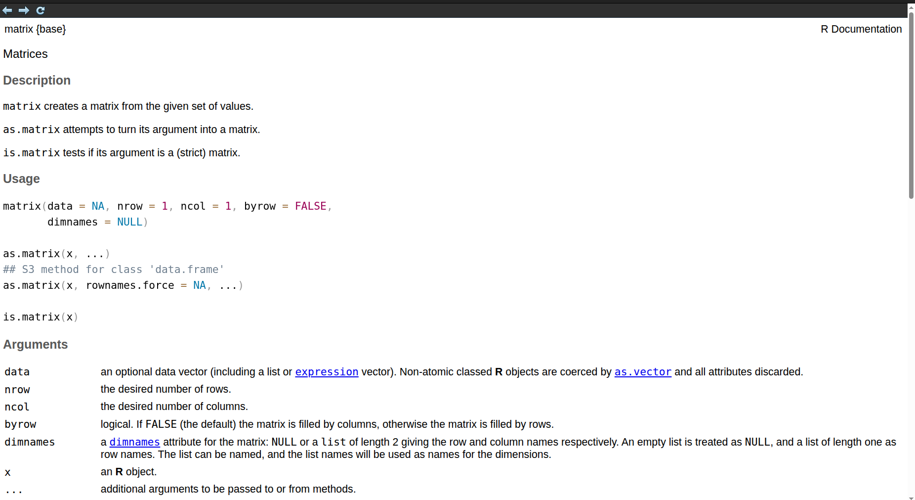 Funktion matrix() dokumentaatio.