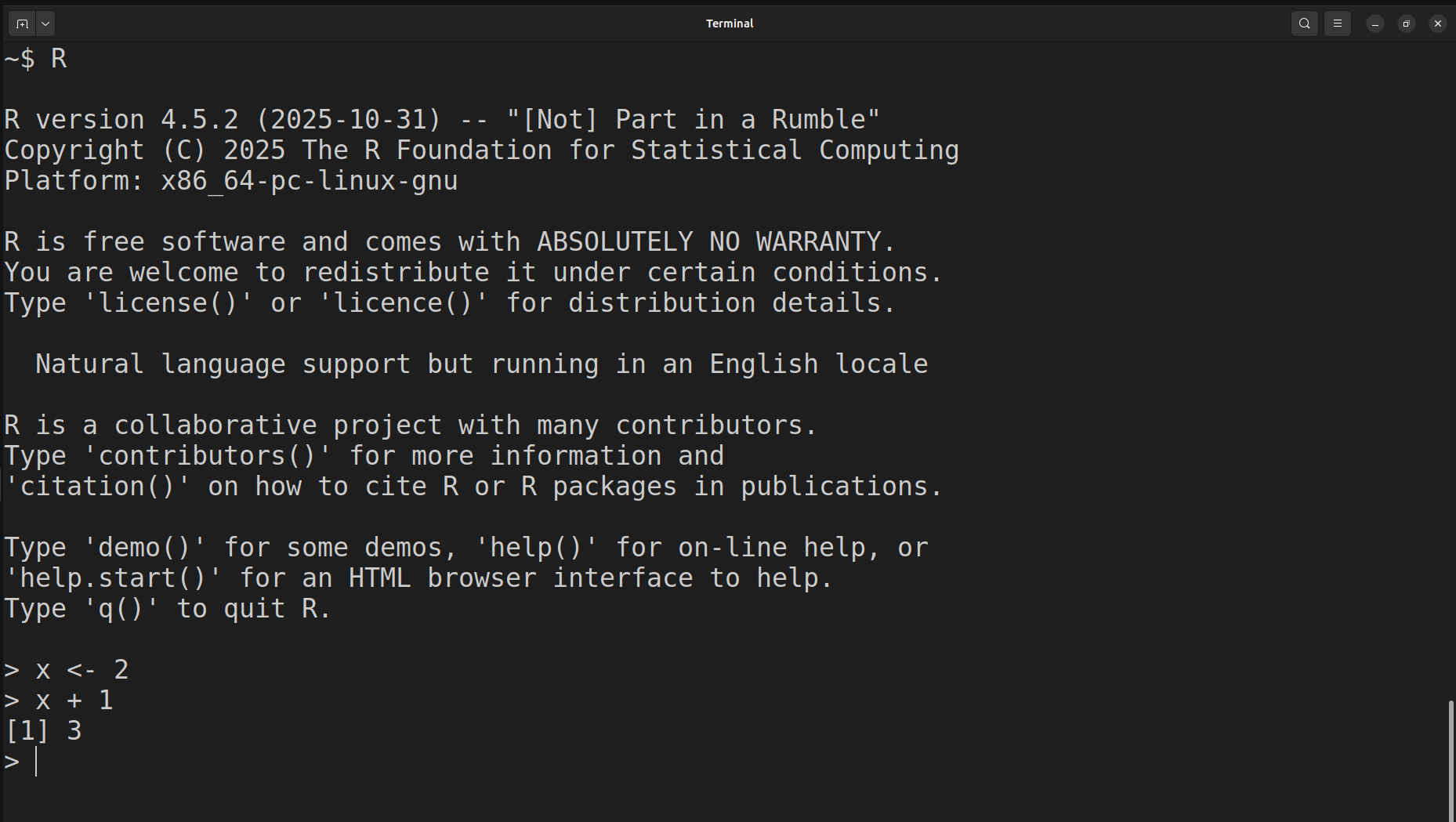 Yksittäisiä R komentoja GNOME komentorivillä.